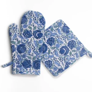 Hot Pomegranate Inc Bohemian Floral Azure Blue & Aqua Oven Mitt Set