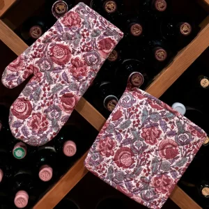 Clearance Pomegranate Inc Bohemian Floral Dusty Rose Oven Mitt Set