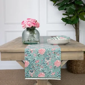 New Pomegranate Inc Butterfly Garden Aqua & Rose Table Runner