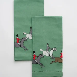 Online Pomegranate Inc Embroidered Hunt Scene Green Tea Towels