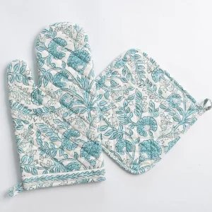 New Pomegranate Inc Floral Trellis Aqua Oven Mitt Set