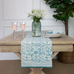 Best Pomegranate Inc Floral Trellis Aqua Table Runner