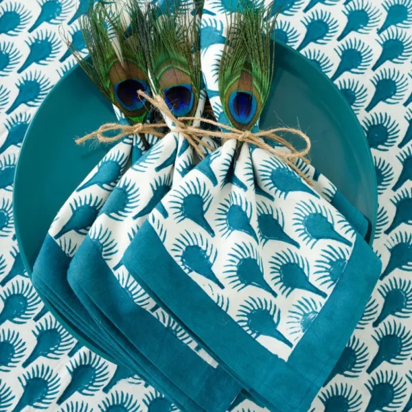 Hot Pomegranate Inc Geo Feather Teal Napkin | Set of 4