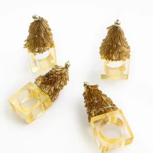 Outlet Pomegranate Inc Gold Christmas Tree Beaded Napkin Ring | Set of 4