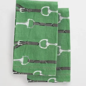 New Pomegranate Inc Green Linen Snaffle & Buckle Fingertip Towels | Set of 2