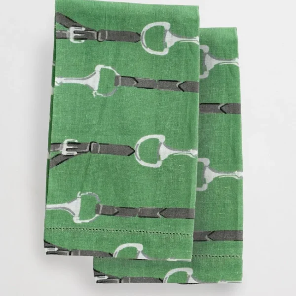 New Pomegranate Inc Green Linen Snaffle & Buckle Fingertip Towels | Set of 2