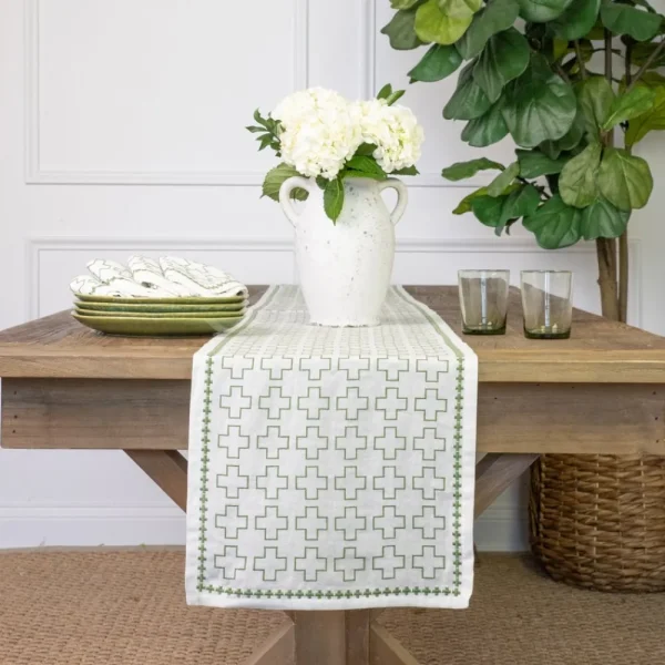 Online Pomegranate Inc India Hicks Home Embroidered Grand Cross Soft Sage Table Runner