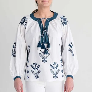 New Pomegranate Inc Paros Embroidered Blouse Navy