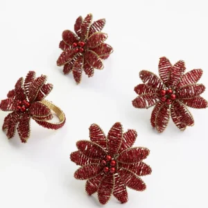 Best Pomegranate Inc Red Flower Beaded Napkin Ring | Set of 4