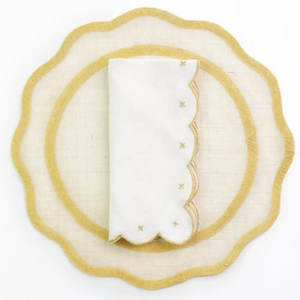 Fashion Pomegranate Inc Scalloped Knot Goldenrod Embroidered Linen Napkin | Set of 4