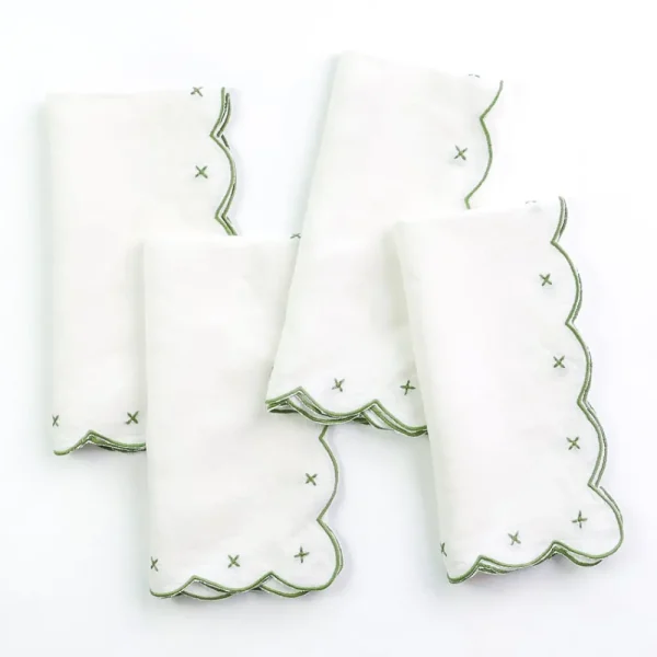 Fashion Pomegranate Inc Scalloped Knot Green Embroidered Linen Napkin | Set of 4