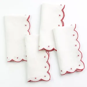 Clearance Pomegranate Inc Scalloped Knot Red Embroidered Linen Napkin | Set of 4