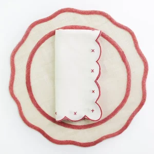 Clearance Pomegranate Inc Scalloped Knot Red Embroidered Linen Napkin | Set of 4