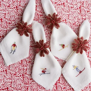 Online Pomegranate Inc Skiers Embroidered Linen Napkin | Set of 4