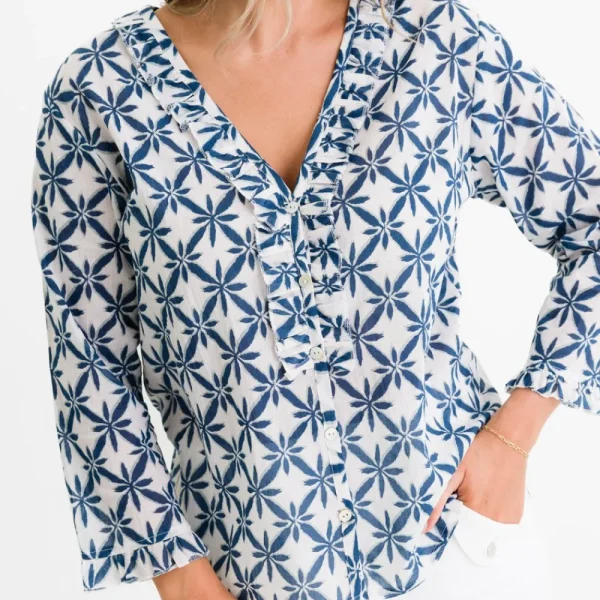 Hot Pomegranate Inc Starburst Flower Navy Flange Button Blouse