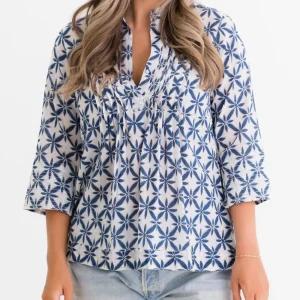 New Pomegranate Inc Starburst Flower Navy Pintuck Blouse