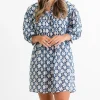 Fashion Pomegranate Inc Starburst Flower Navy Split Neck Shift Dress