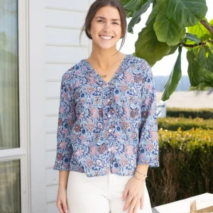 Hot Pomegranate Inc Taj Floral Blue Flange Button Blouse