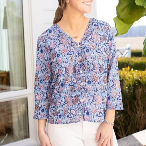 Hot Pomegranate Inc Taj Floral Blue Flange Button Blouse