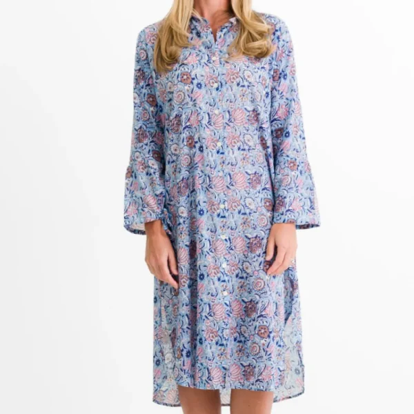 New Pomegranate Inc Taj Floral Blue Shifty Shirtdress