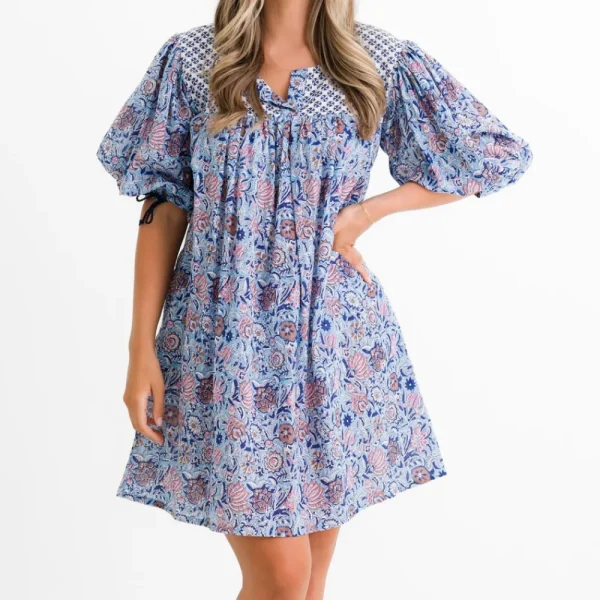 Discount Pomegranate Inc Taj Floral Blue Split Neck Shift Dress