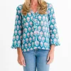 Fashion Pomegranate Inc Teal Pom Flower Flange Button Blouse