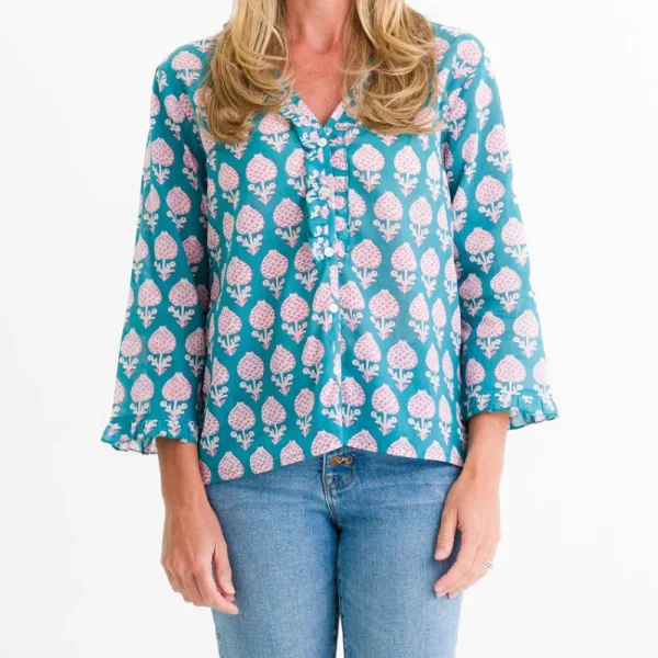 Fashion Pomegranate Inc Teal Pom Flower Flange Button Blouse