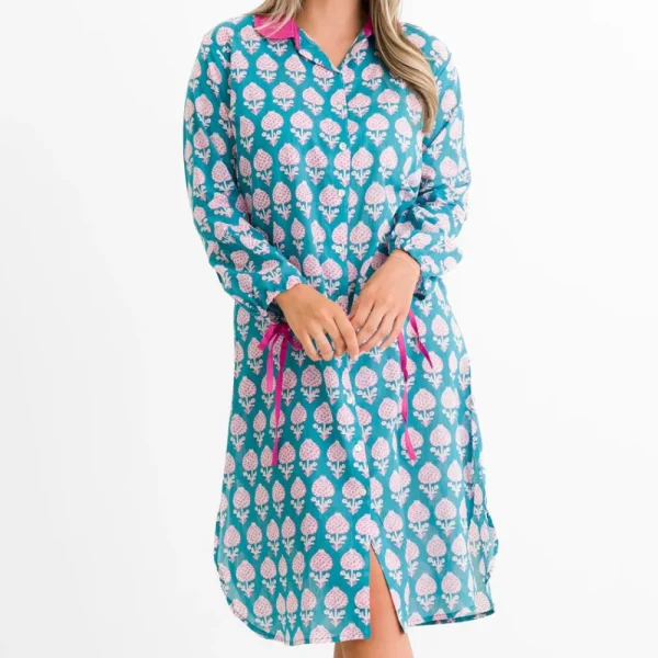 Best Pomegranate Inc Teal Pom Flower Shifty Shirtdress