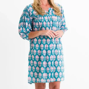 Clearance Pomegranate Inc Teal Pom Flower Split Neck Shift Dress