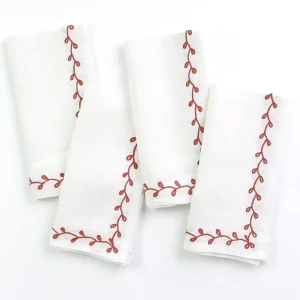 Best Pomegranate Inc Twig & Bud Coral Embroidered Linen Napkin | Set of 4