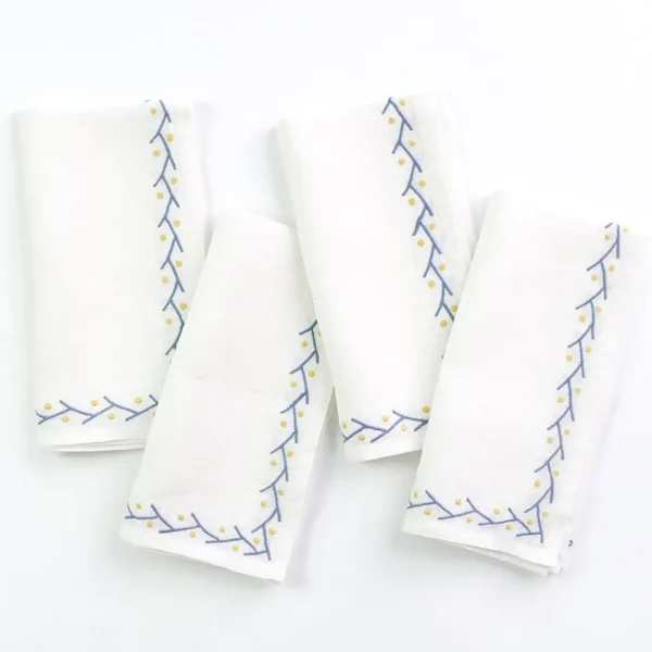 Outlet Pomegranate Inc Twig & Dot Navy & Yellow Embroidered Linen Napkin | Set of 4