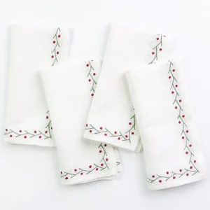 Sale Pomegranate Inc Twig & Dot Red & Green Embroidered Linen Napkin | Set of 4