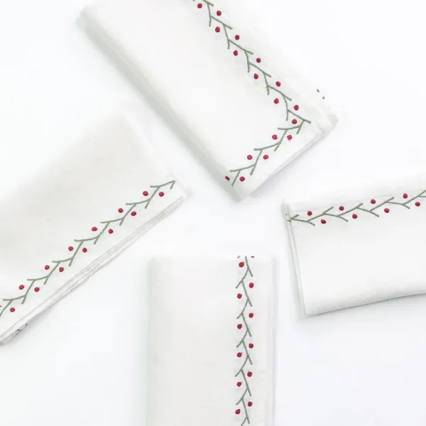 Sale Pomegranate Inc Twig & Dot Red & Green Embroidered Linen Napkin | Set of 4