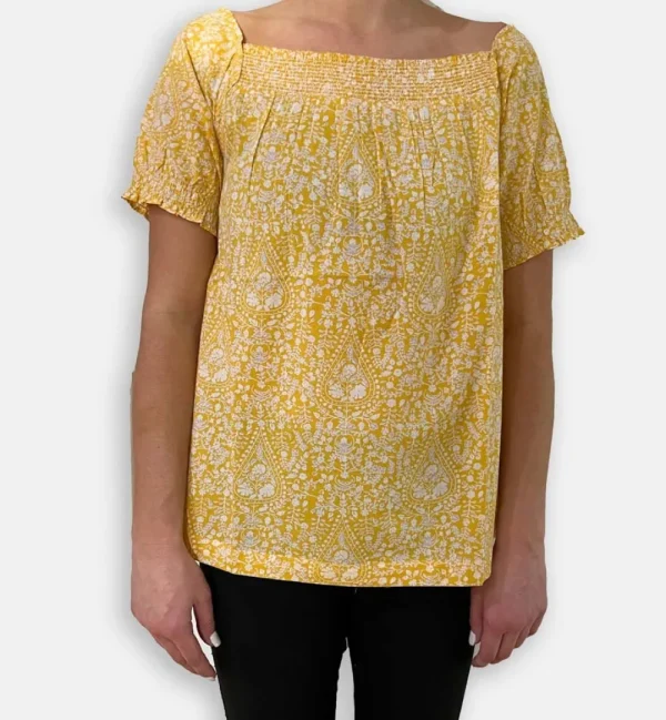 Clearance Pomegranate Inc Yellow Paisley Puff Short Sleeve Blouse